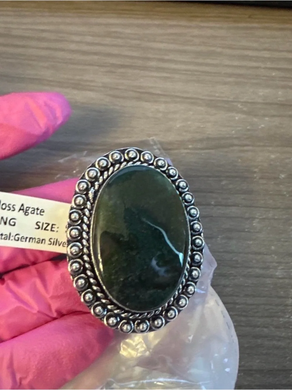 NWT-Green Moss Agate Oval Statement Ring with Silver-Tone Setting